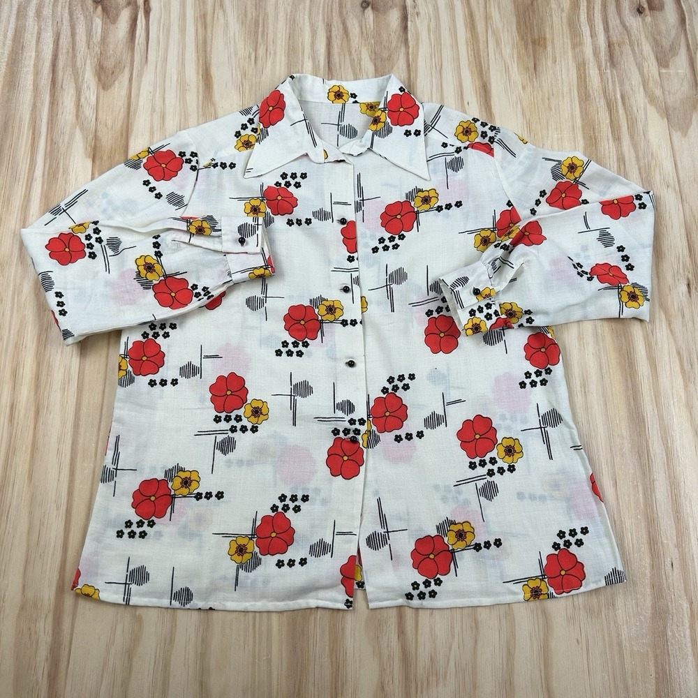 True Vintage Women's 60s Floral Dagger Collar Shirt XL Asian Influence Retro